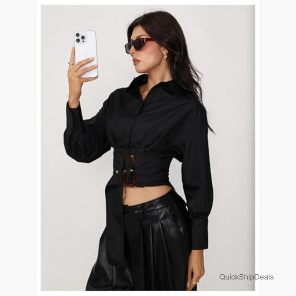 Polyester Button Down Cropped Top with Pleated De… - image 4